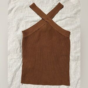 House of Harlow Brown contour ribbed Cross neck top Size S